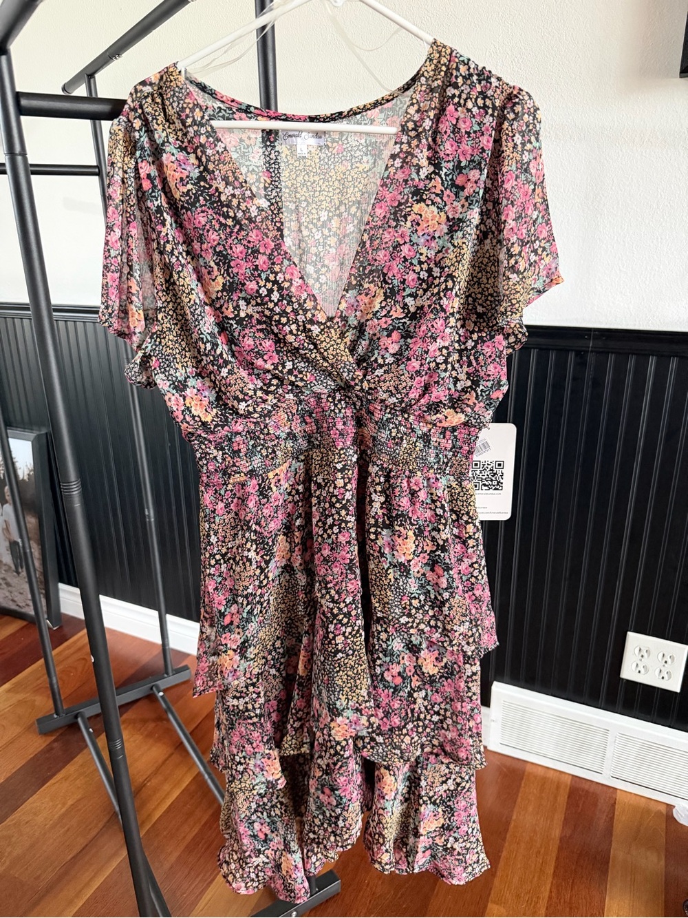 Emerald Sundae Black Midi Dress with Pink and Cream Floral Print
